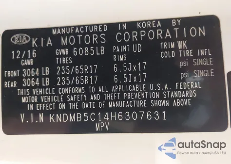 2017 Kia Sedona Lx z USA, uszkodzony, nr VIN KNDMB5C14H6307631